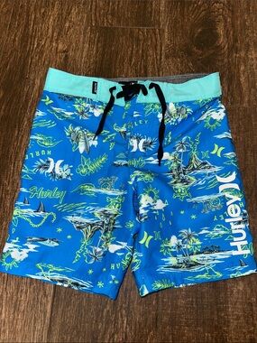 Hurley Blue Aqua Tropical Print Board Shorts size 6 beach pool summer